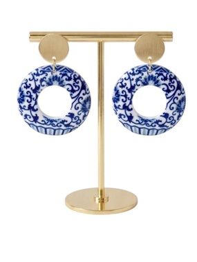 Chinoiserie Blue & White Dangle Earrings - Open Circle Coastal Cottagecore